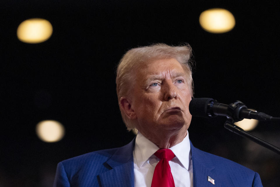 Republican presidential nominee former President Donald Trump pauses while speaking at a campaign event at Nassau Coliseum, Wednesday, Sept.18, 2024, in Uniondale, N.Y. (AP Photo/Alex Brandon)