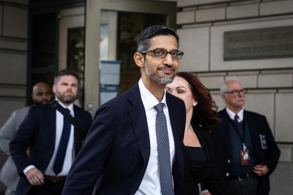 WASHINGTON, DC - OCTOBER 30: Google and Alphabet CEO Sundar Pichai departs federal court on October 30, 2023 in Washington, DC. Pichai testified on Monday to defend his company in the largest antitrust case since the 1990s. The U.S. government is seeking to prove that Alphabet's Google Inc. maintains an illegal monopoly in the online search business. The trial is expected to last into November. (Photo by Drew Angerer/Getty Images)