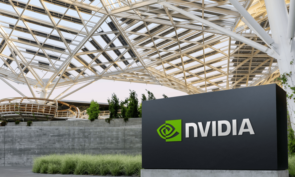 Nvidia's headquarters with a black Nvidia sign in the foreground.